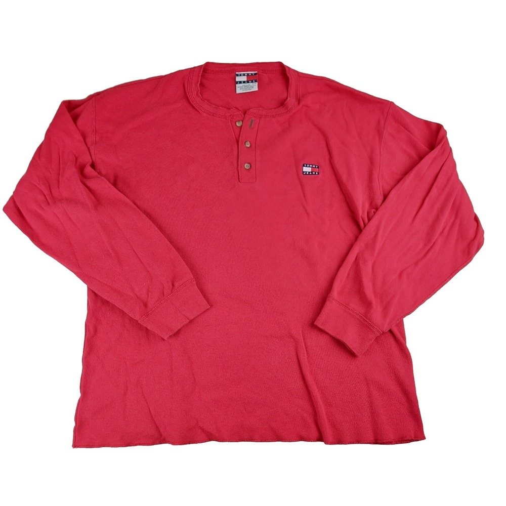 Tommy Jeans Henley Shirt Mens XL Red Vintage 90s Made in USA Cotton Long Sleeve